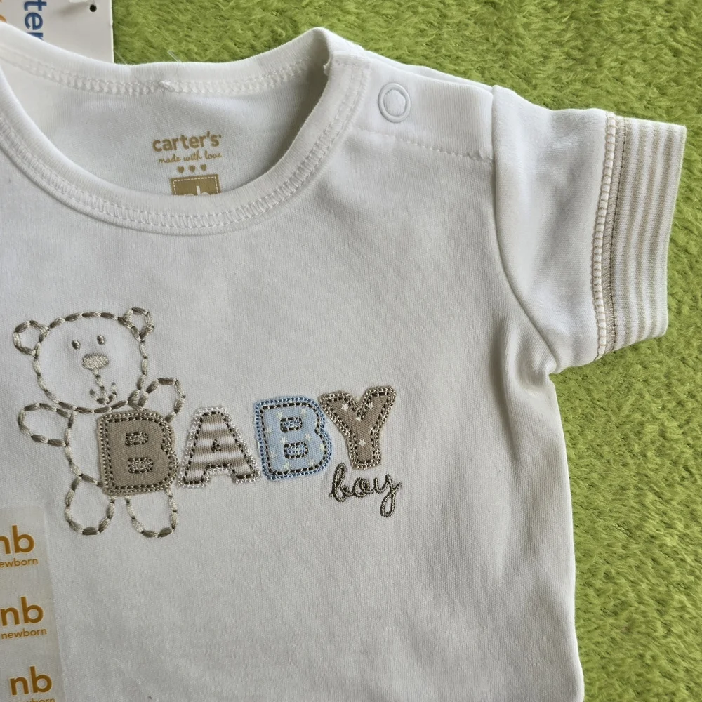 NWT 3-6M Baby BOY 2p PANTS SET Cute TEDDY BEAR Blue & Tan Cotton (Q1)